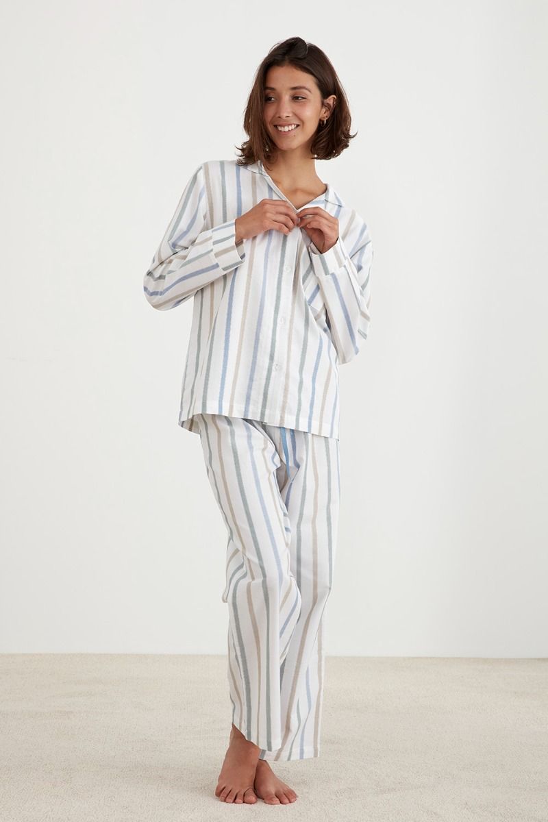 Nightgown Pajama Dress for Women Long Sleeve Button Down Striped  CottonSleepwear